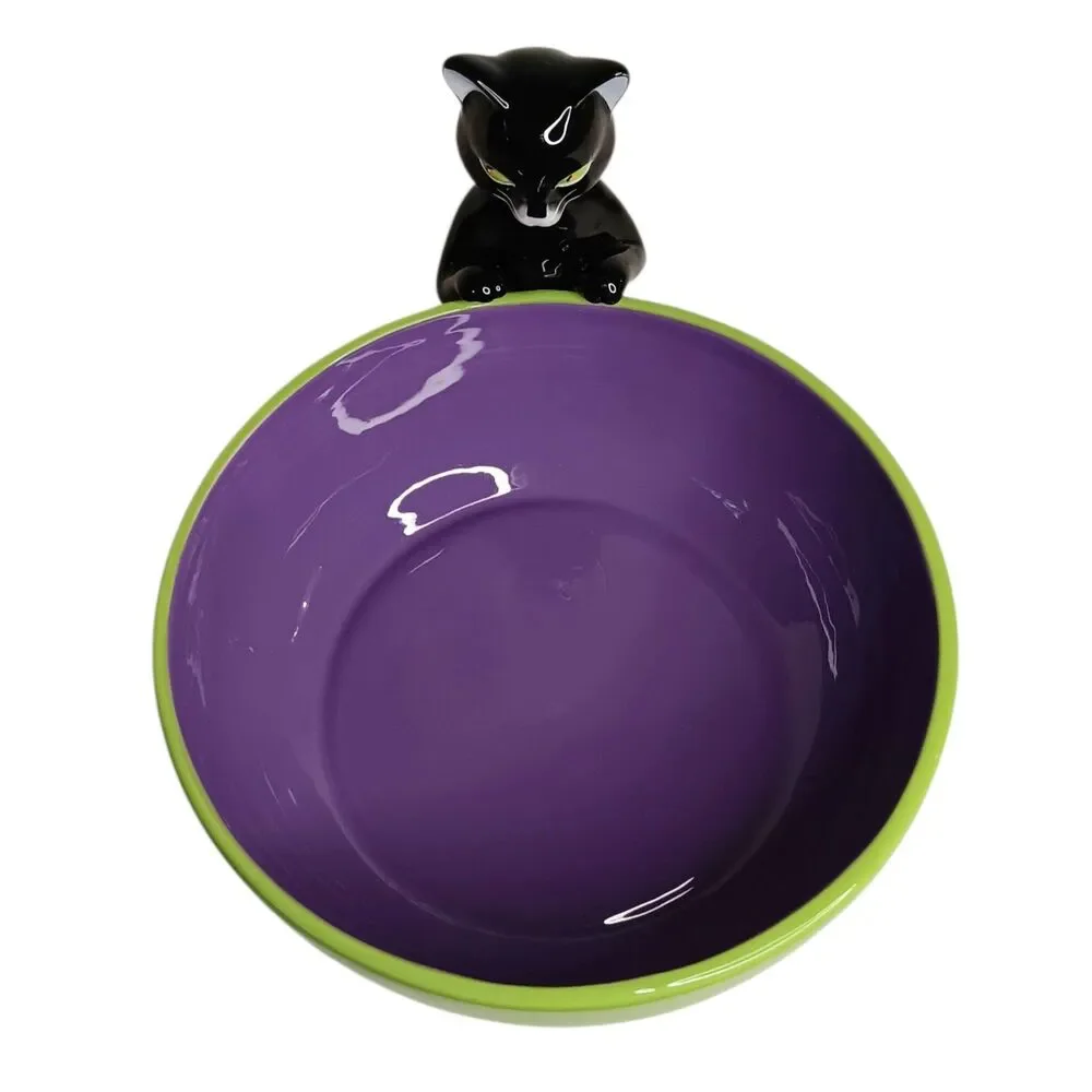 Halloween Black Cat Purple & Green Ceramic Candy Bowl By Harry & David VTG 2005